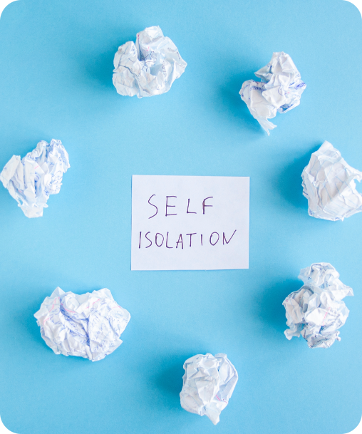 Image with 'Self Isolation' text surrounded by crumpled papers in a circular arrangement