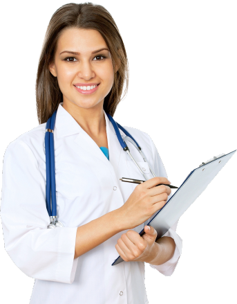 Doctor with stethoscope, holding a note, and smiling