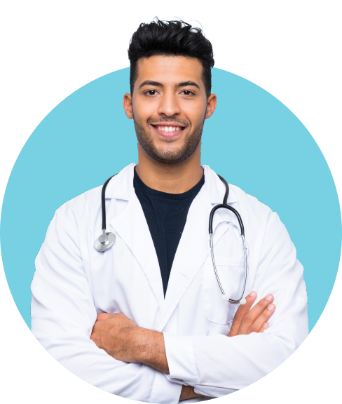 Doctor posing in white coat with stethoscope