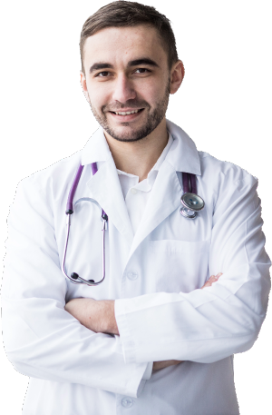 A male doctor posing with his arms crossed.