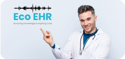 Doctor with stethoscope pointing to Eco EHR company logo